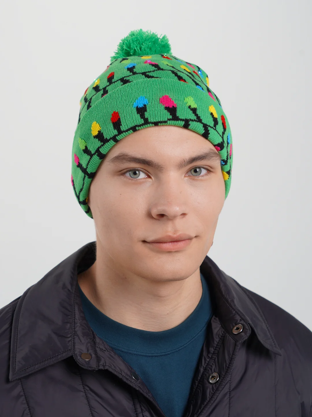 Зеленый шапка-бини новогодняя Cristam Hat со светодиодной подсветкой, 6 видов