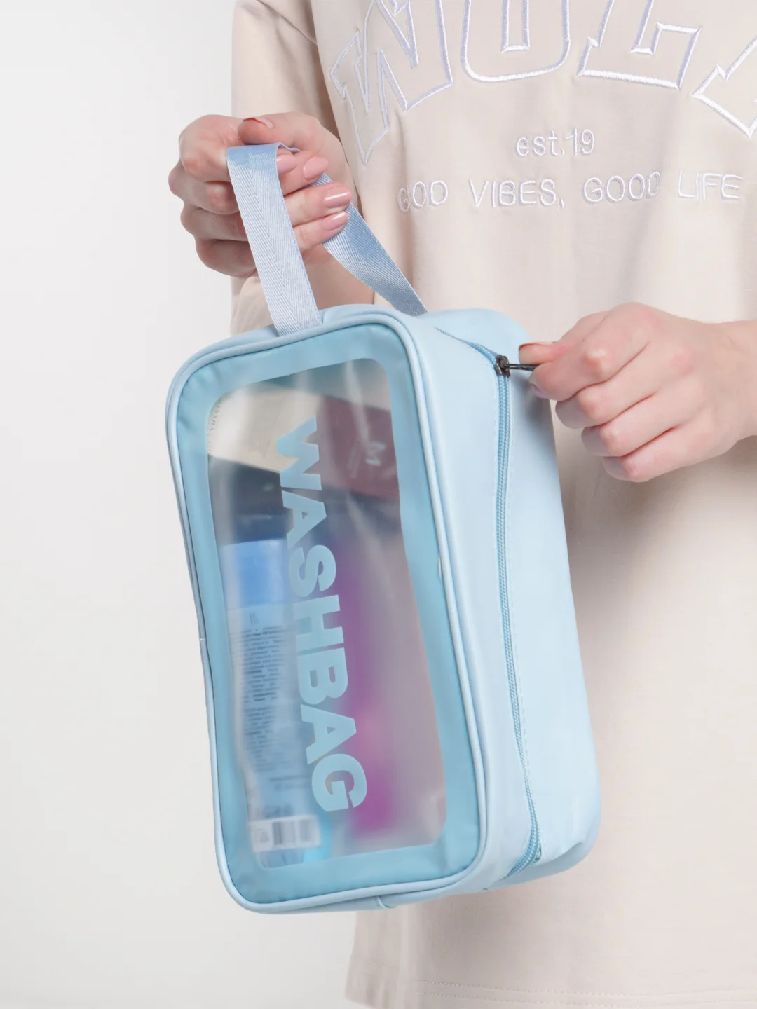 Голубой косметичка прозрачная WashBag, 4 цвета