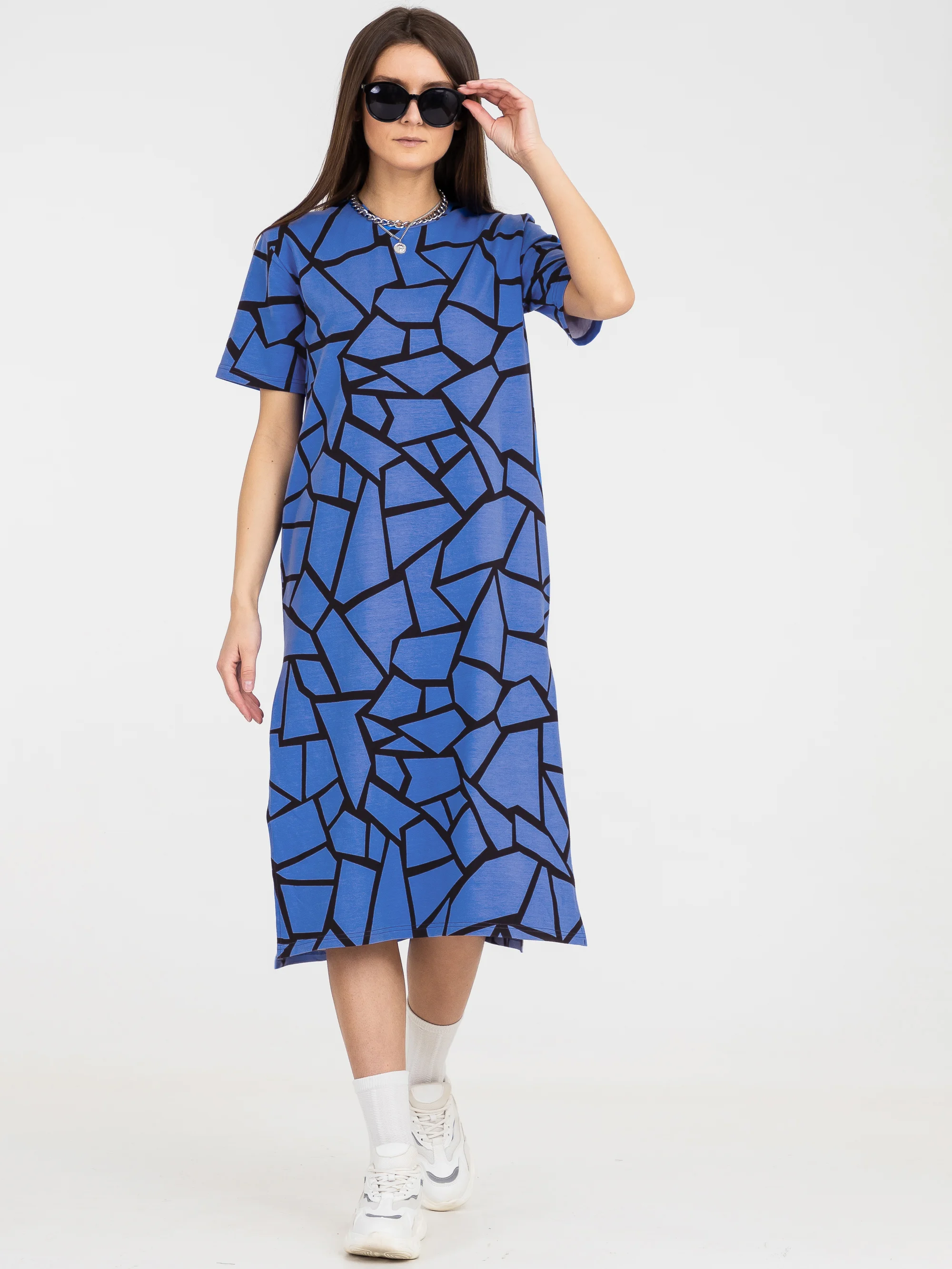 Синий платье-футболка Oversize с принтом, длинное