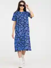 Синий платье-футболка Oversize с принтом, длинное