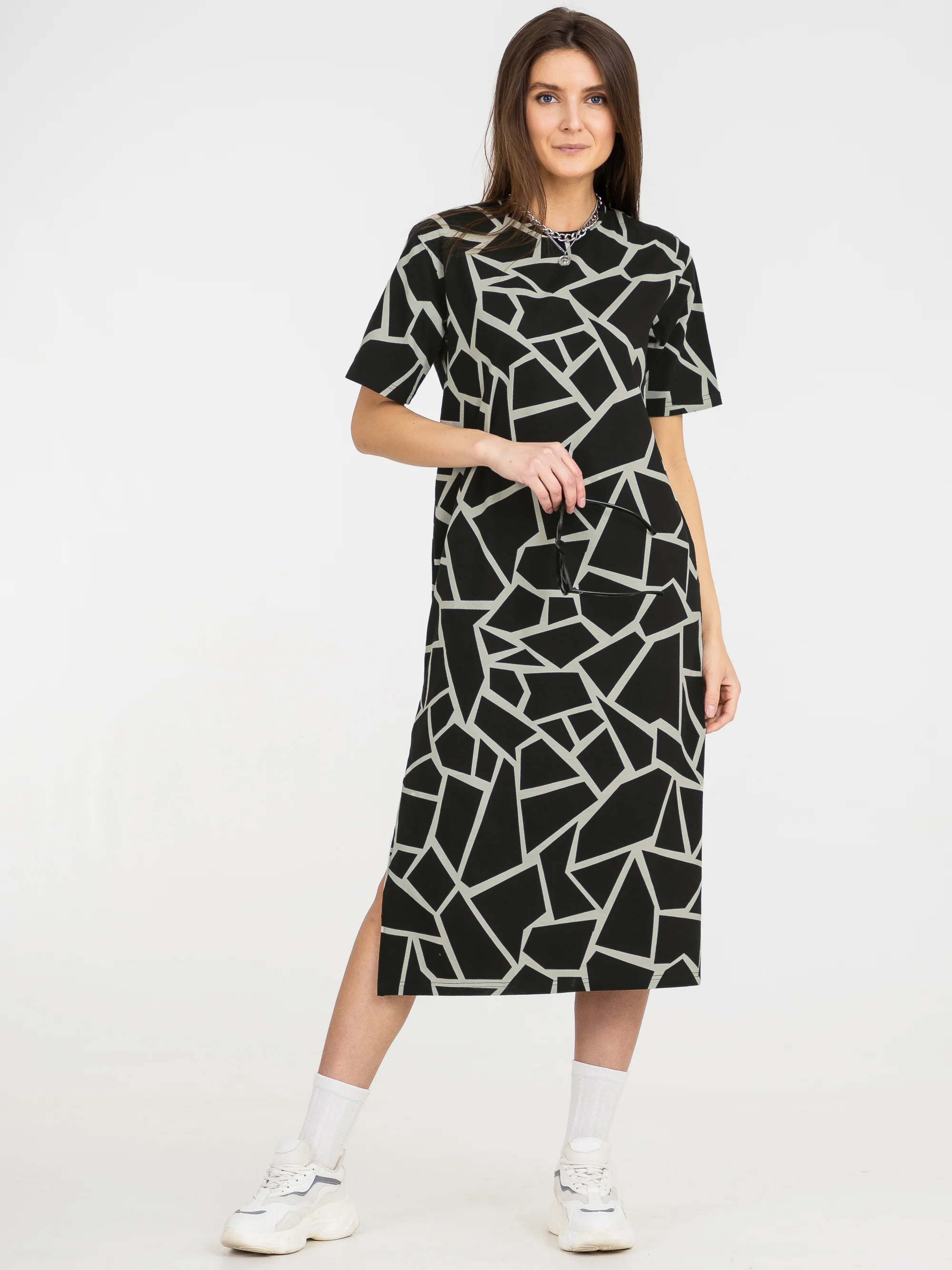 Бежевый платье-футболка Oversize с принтом, длинное