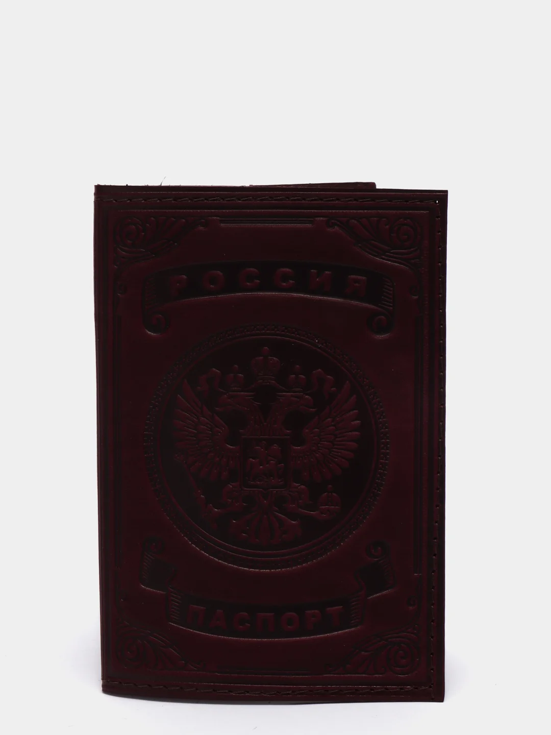 Багровый обложка на паспорт с изображением Мечети Кул Шариф и герба России