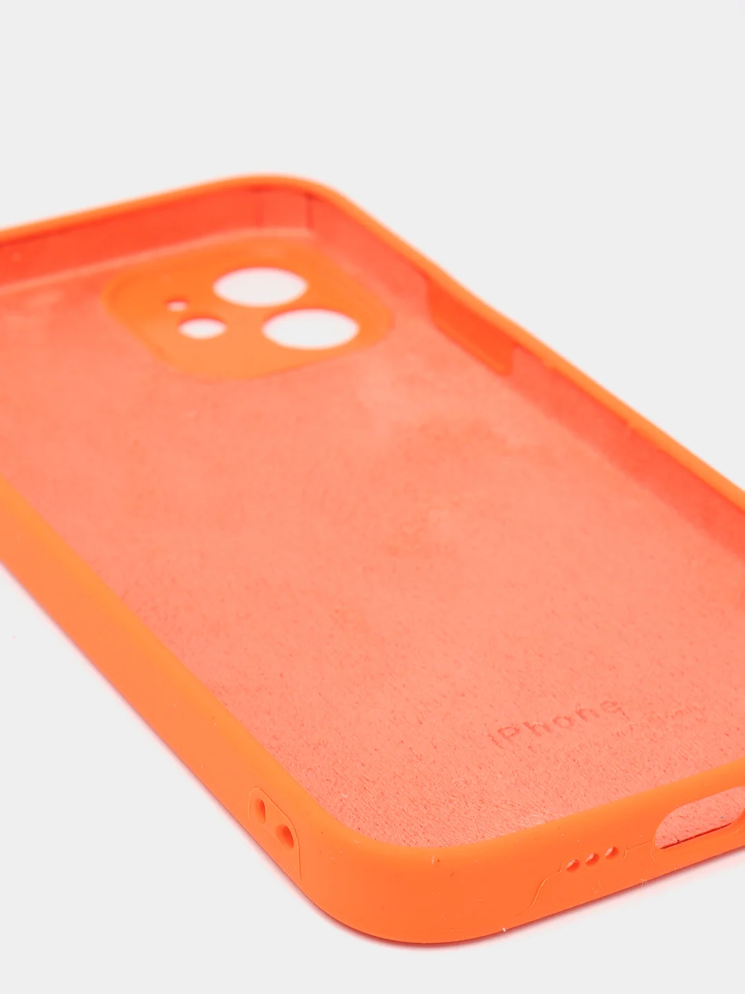 Оранжевый силиконовый чехол iPhone 12, Silicone Case, с закрытым низом и защитой камеры