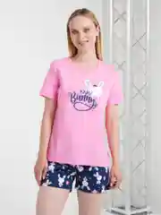 Розовый пижама женская, с шортами и футболкой