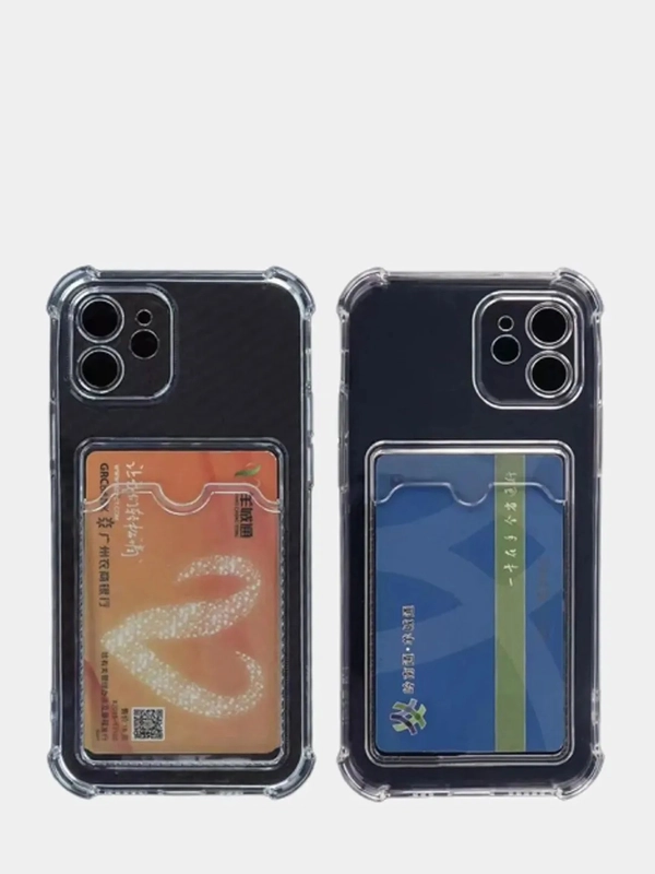 Чехол с карманом для карт iPhone XR, 11, 12, Хs, X прозрачный силикон