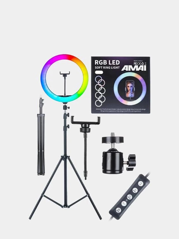 Светодиодная кольцевая цветная лампа 36 см RGB со штативом 210 см для ...
