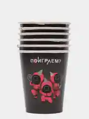 Розовый бумажная посуда "Игра кальмара", тарелка, стакан, наборы по 6 штук