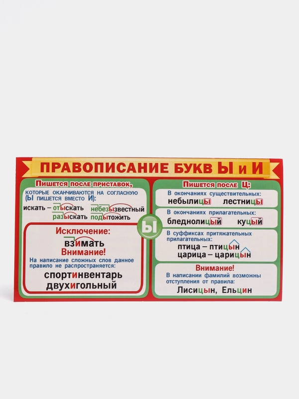 Обучающая карточка-шпаргалка двухсторонняя "Правописание букв Ы и И.", 170*100 мм