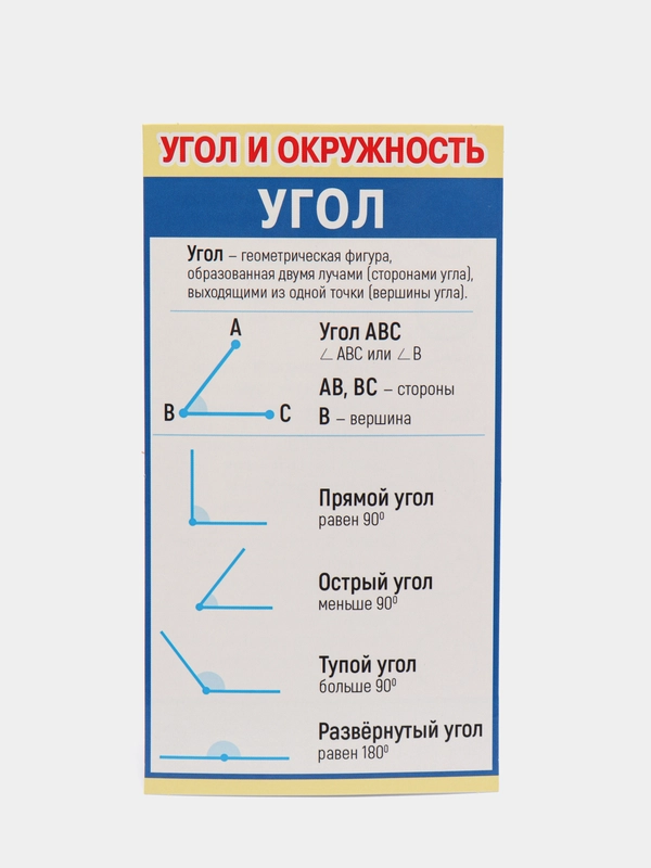 Обучающая карточка - шпаргалка двухсторонняя "Угол и окружность.", 170*100 мм