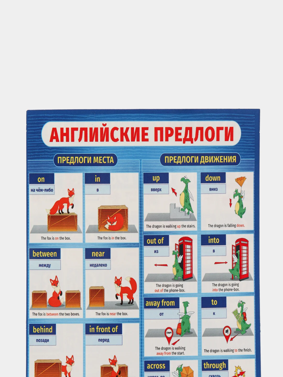 Обучающая карточка - шпаргалка двухсторонняя "Английские предлоги.", 170*100 мм