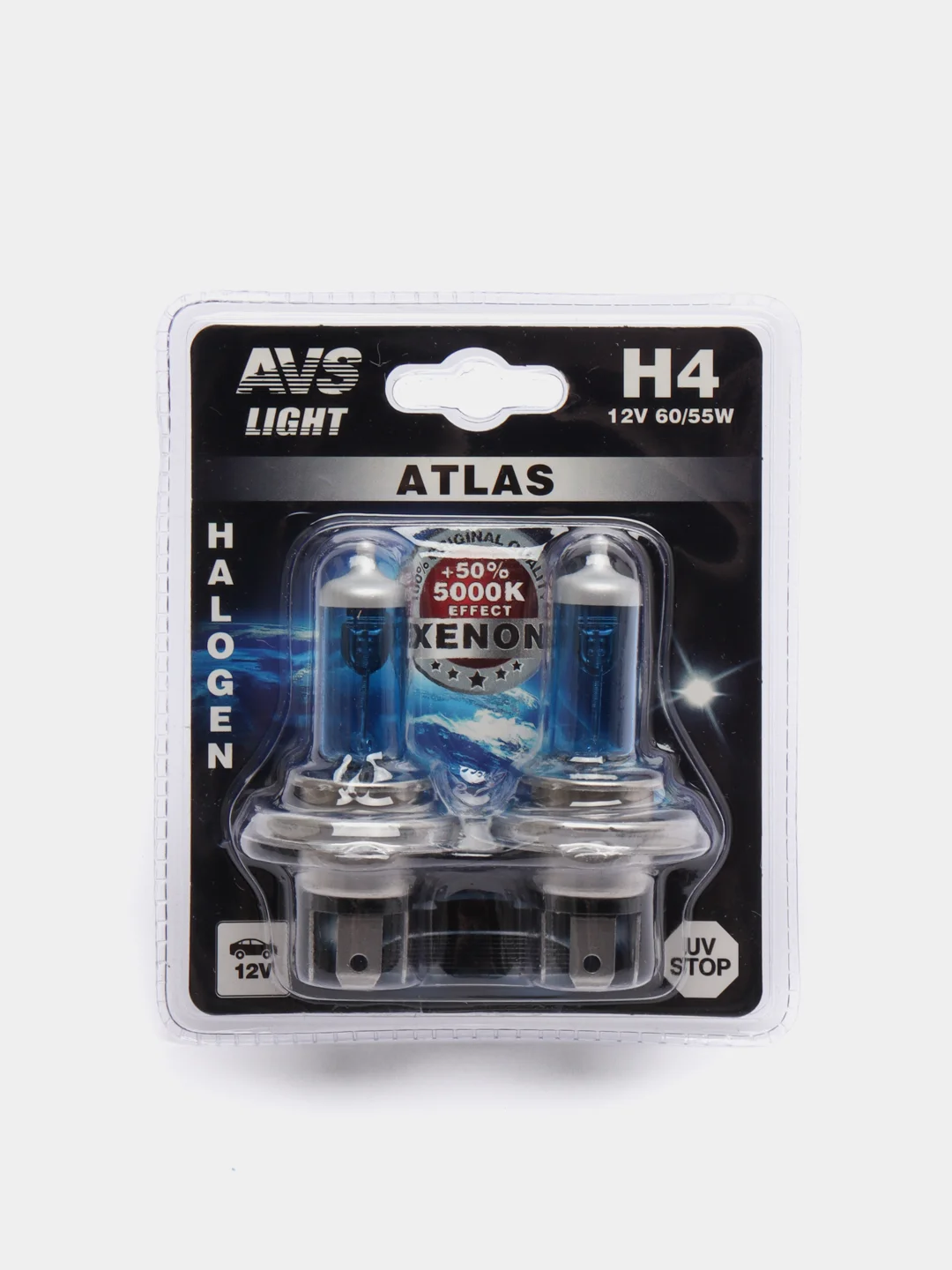 Галогенная лампа AVS ATLAS, 5000К, H4.12V.60, 55W, 2 штуки