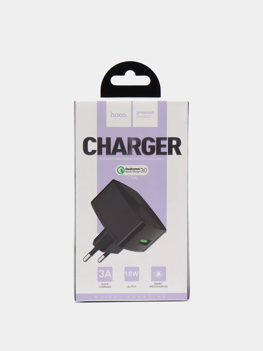 Черный блок питания 18W, умная зарядка, 1USB порт, 3.0A Hoco C70А, быстрая зарядка