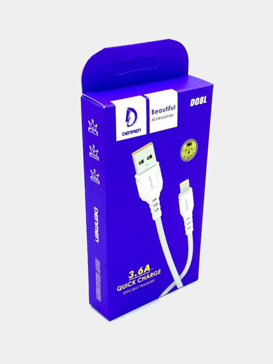 Белый кабель lightning Denmen D08L, 3.6A