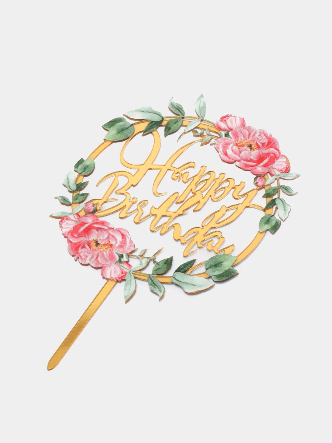 Тёмно-розовый топпер на торт с надписью "Happy Birthday" с цветами