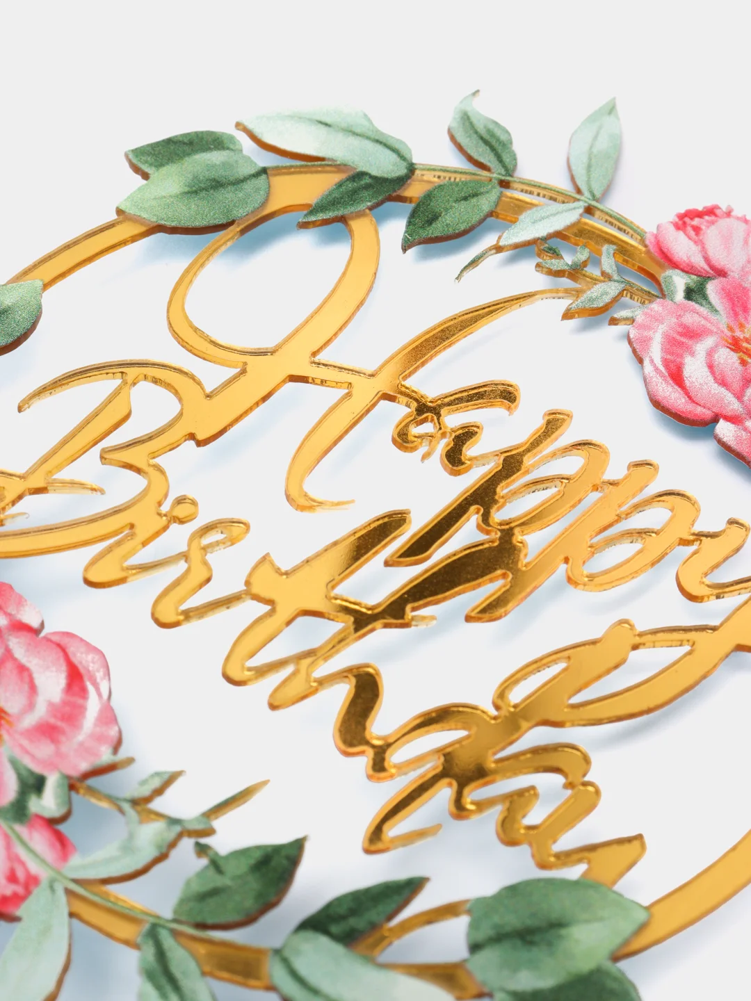 Тёмно-розовый топпер на торт с надписью "Happy Birthday" с цветами
