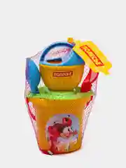 Желтый набор для игры в песочнице: совок, грабли, ведро, ситечко