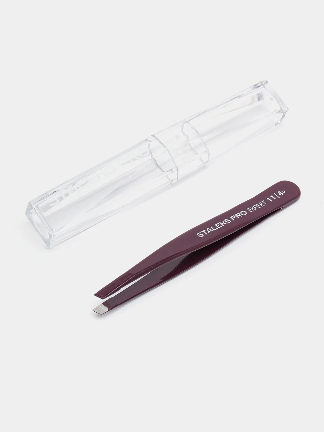 Фиолетовый пинцет скошенный для бровей Staleks Pro Expert 11 type 4, 11/4