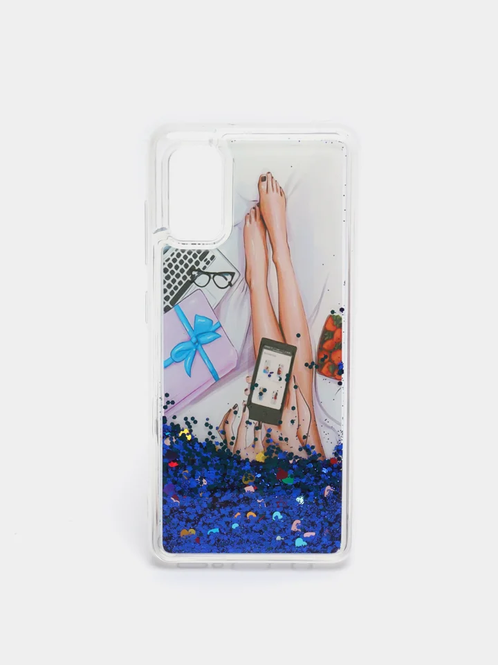 Темно-синий чехол Samsung Galaxy A41 (Самсунг Галакси А41) чехол переливающийся жидкий с блестками