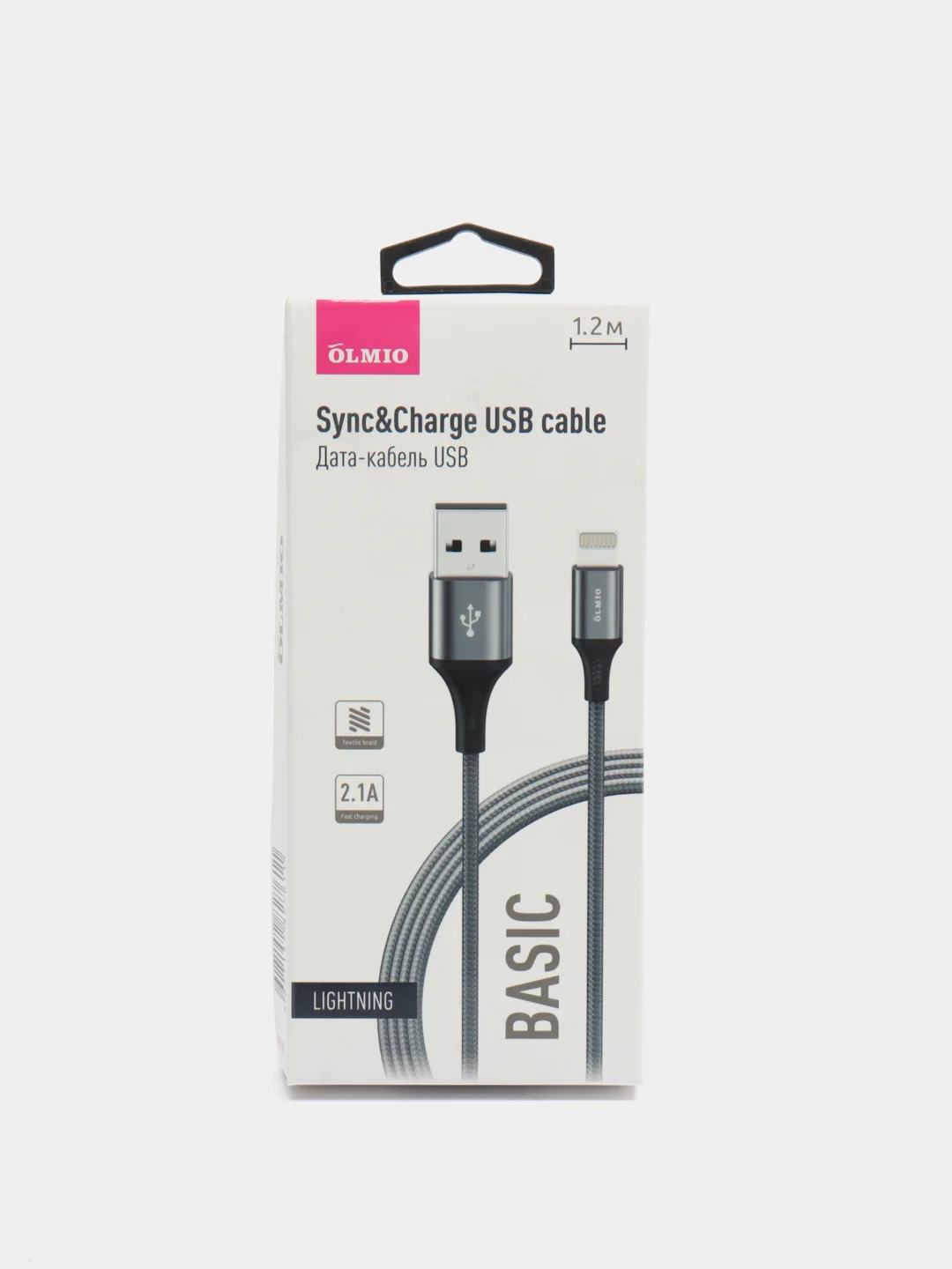 Серый кабель Olmio Basic lightning для iPhone (Айфон), c быстрой зарядкой, 1,2 м