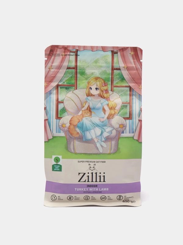 Корм для домашних кошек индейка и ягненок, суперпремиум Zillii Indoor, 400 гр