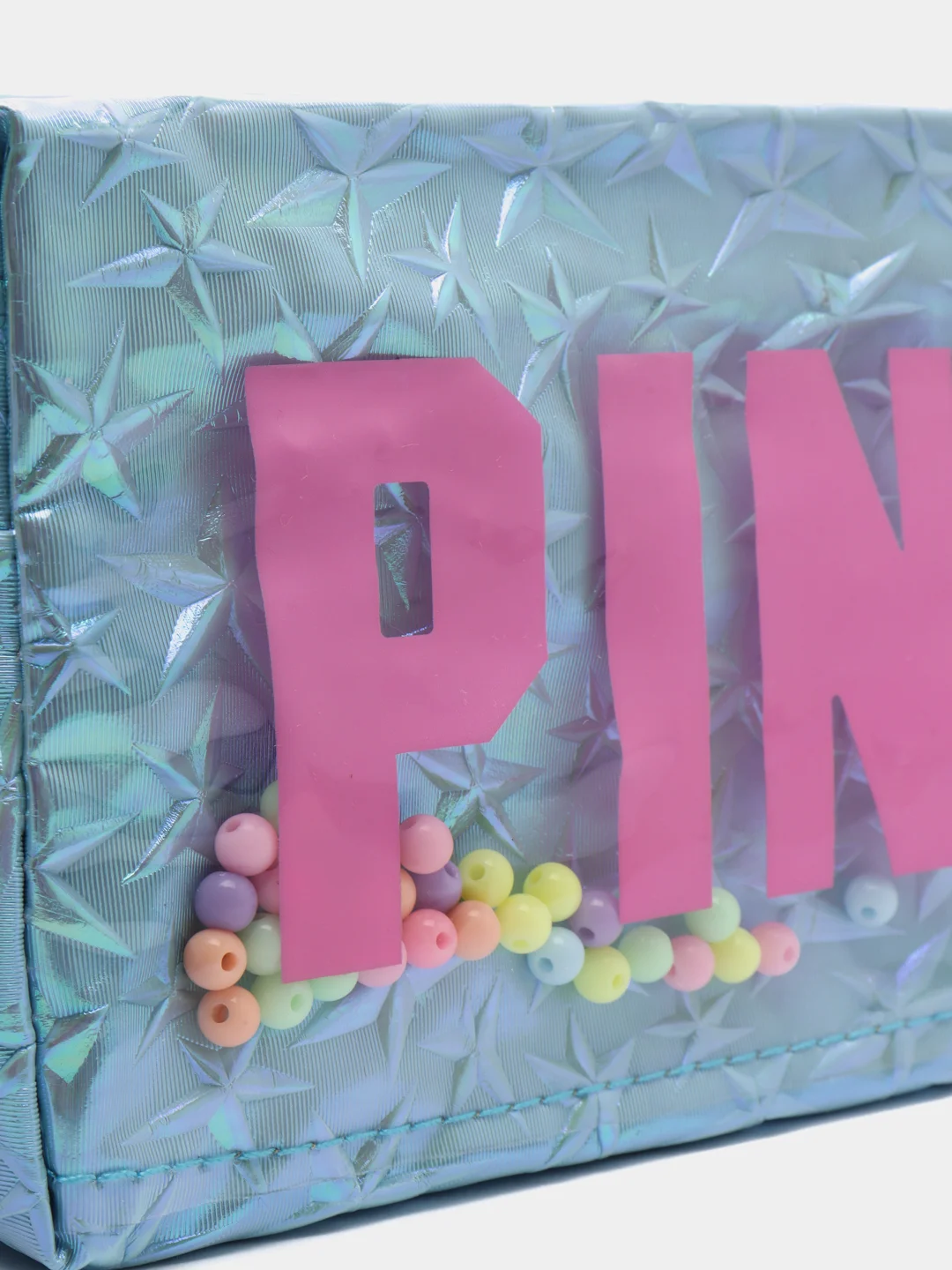 Голубой косметичка PINK на молнии с бусинами