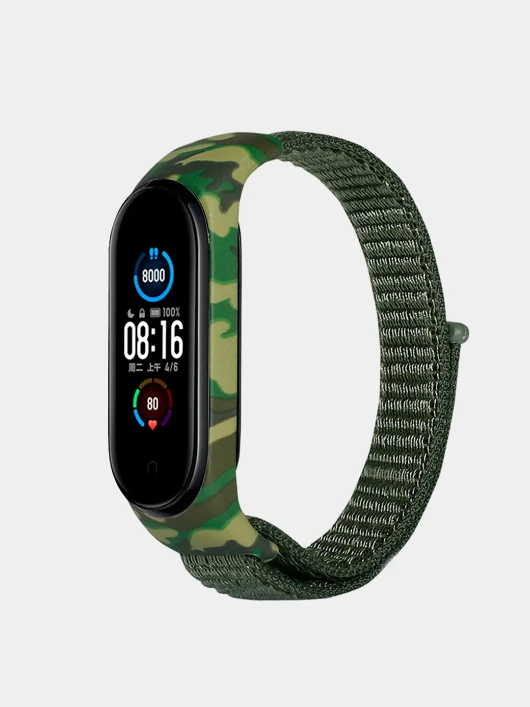 Зелёный хаки ремешок на липучке для Xiaomi Mi Band 3, 4, 5, 6, 7 Сяоми Ми Банд
