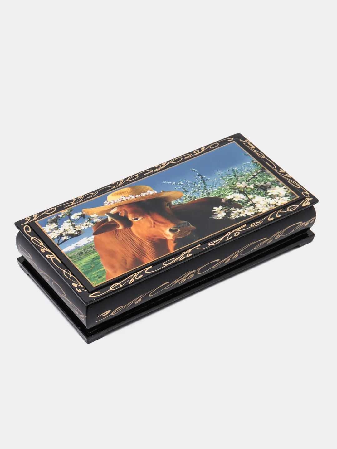 Шкатулка-купюрница "Корова в шляпе", 8,5 см х 17 см, лаковая миниатюра
