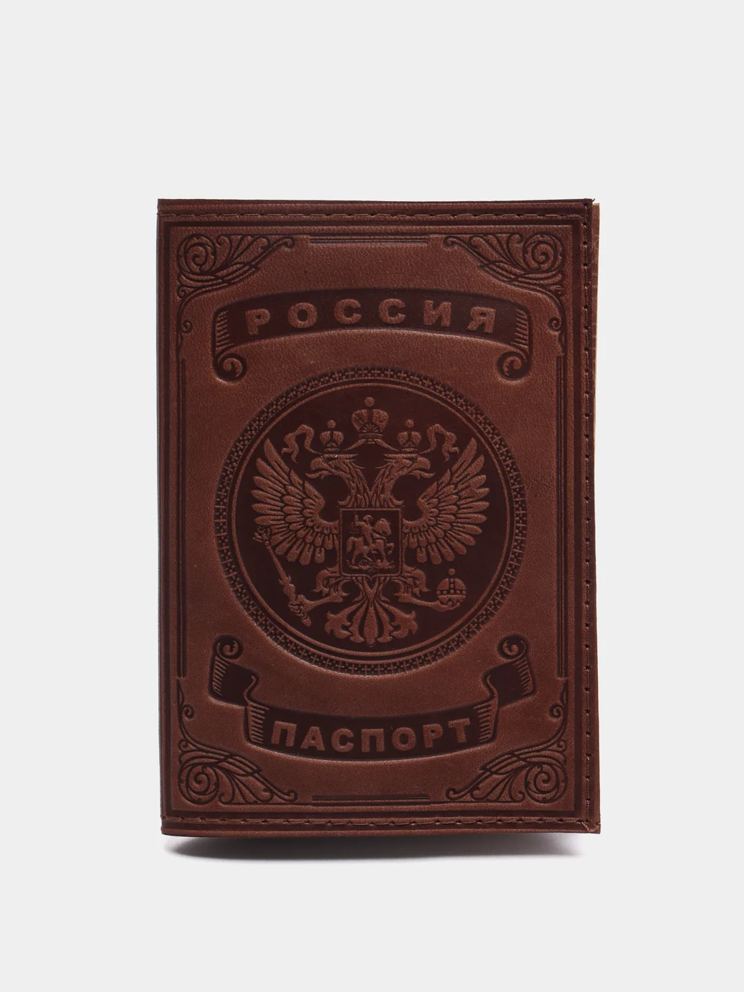 Коричневый обложка на паспорт с изображением Мечети Кул Шариф и герба России