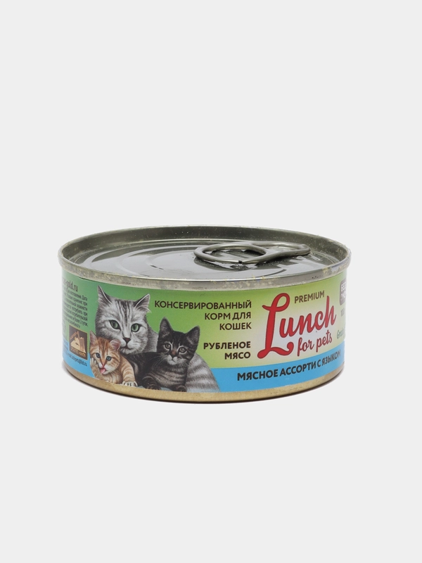Корм для кошек Lunch for pets мясное ассорти с языком, рубленое мясо, консервы100 г