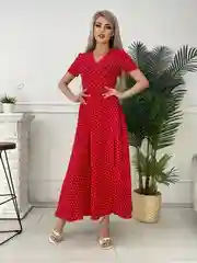 Красный платье женское длинное на запах, в мелкий горошек