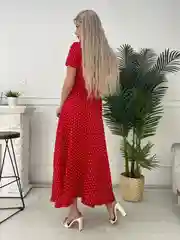 Красный платье женское длинное на запах, в мелкий горошек