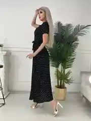 Черный платье женское длинное на запах, в мелкий горошек
