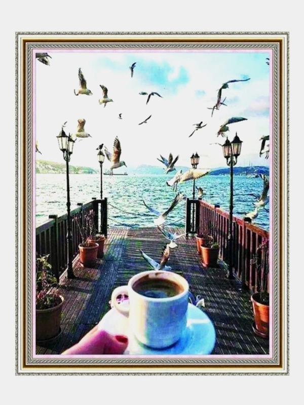 Алмазная мозаика "Кофе на пирсе" 40*50 см на подрамнике, полная выкладка