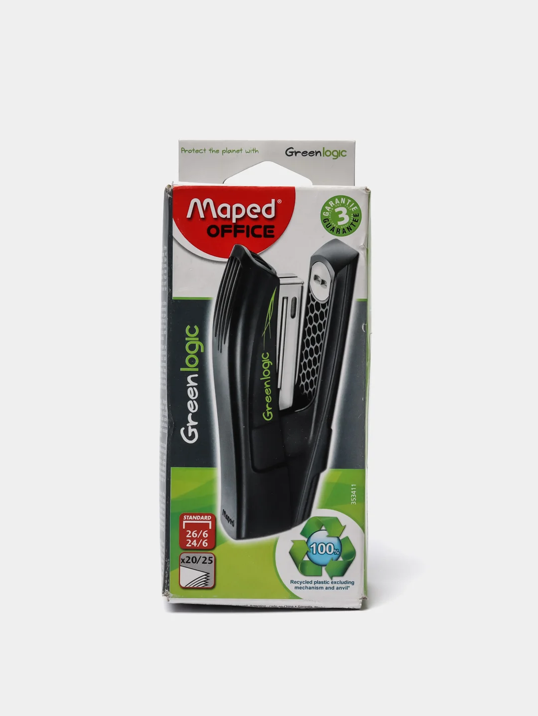 Степлер №24/6, 26/6 MAPED (Франция) "Greenlogic", до 25 листов, черный, 353411