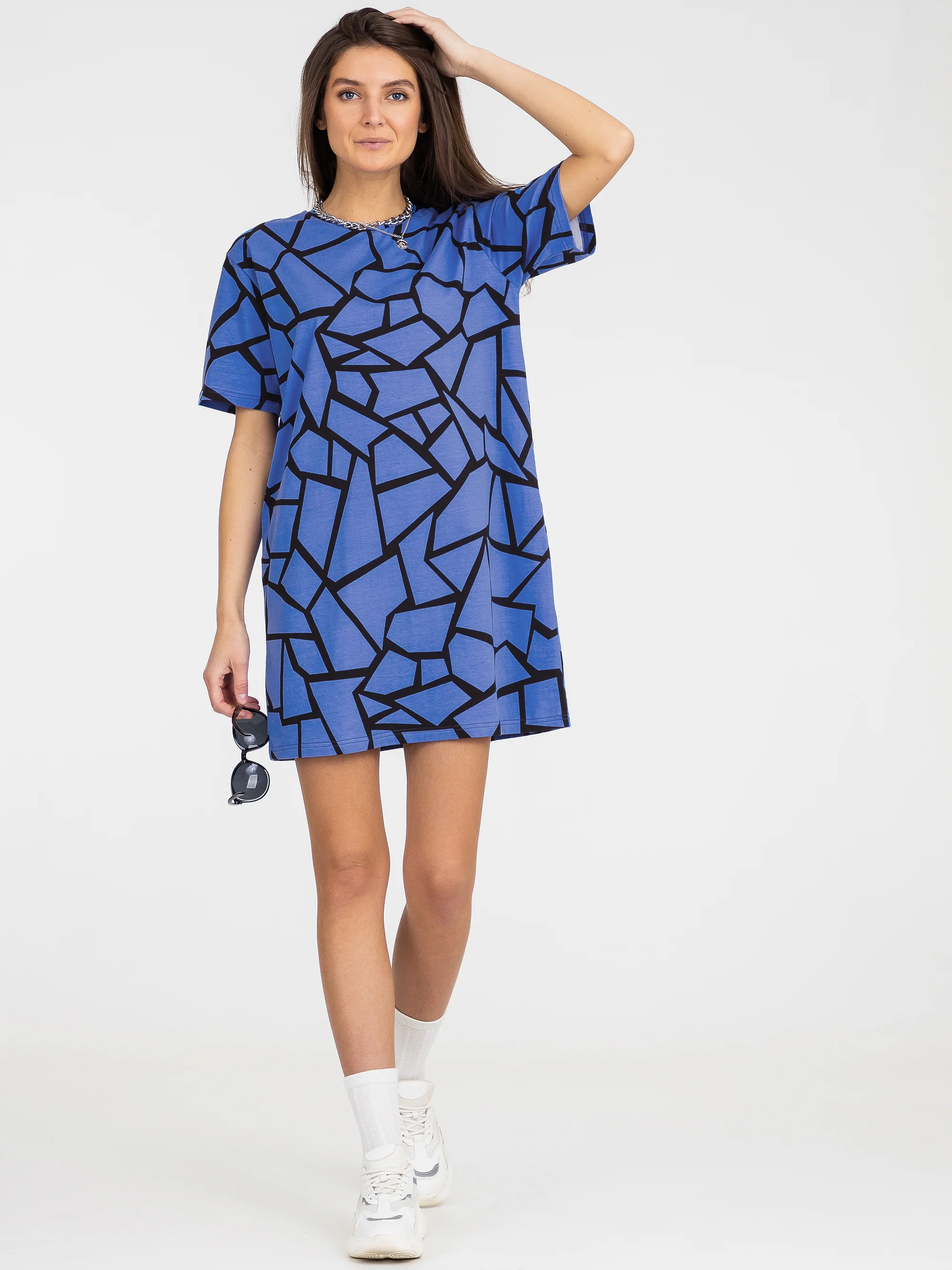 Голубой платье-футболка Oversize, короткая туника, большие размеры 42-60