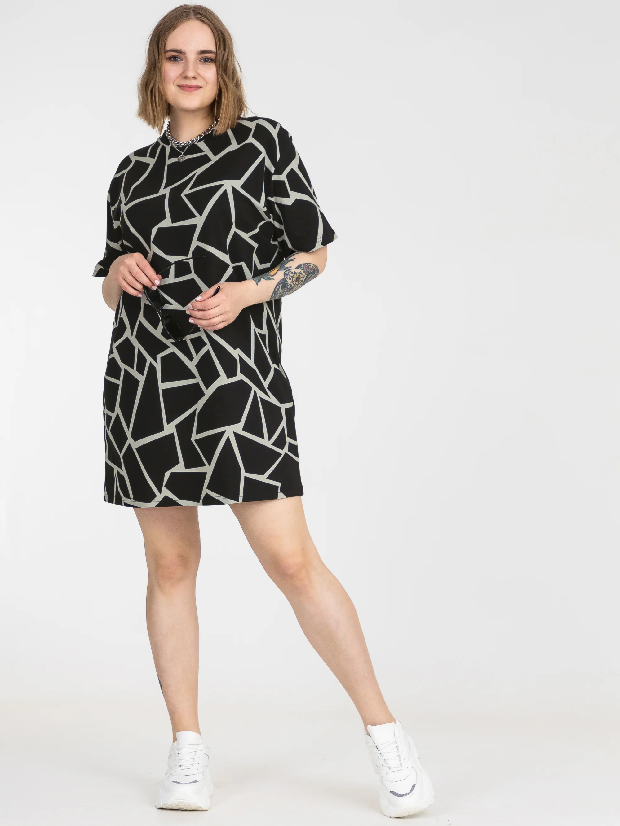 Кремовый платье-футболка Oversize, короткая туника, большие размеры 42-60