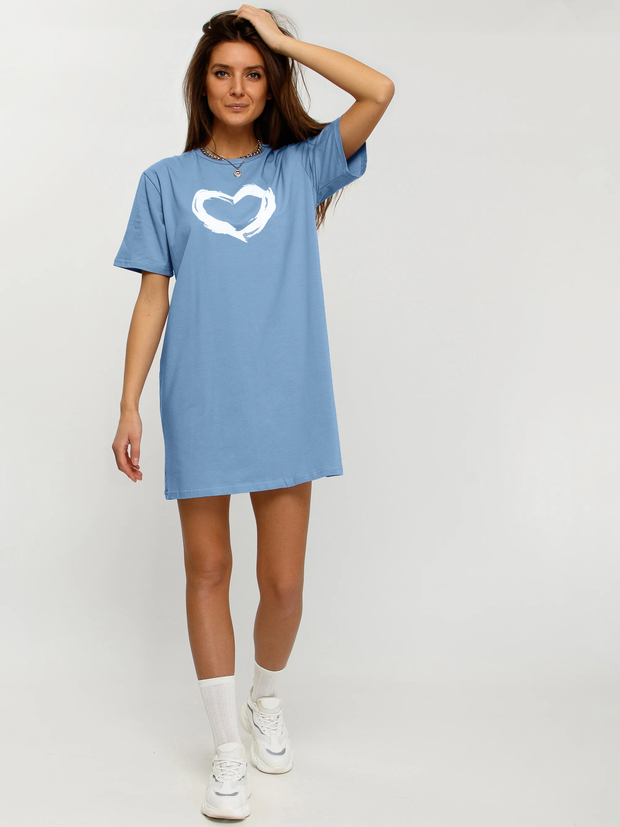 Голубой платье-футболка Oversize с принтом, короткое