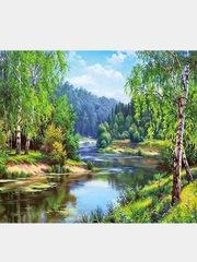 Алмазная мозаика "Березы у реки" 40*50 см на подрамнике