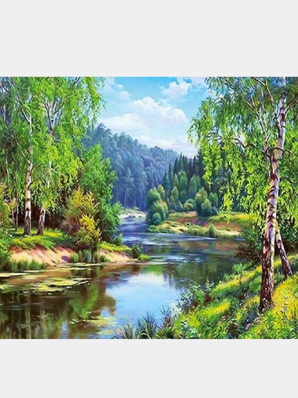 Алмазная мозаика "Березы у реки" 40*50 см на подрамнике