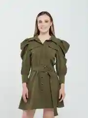 Хаки женское повседневное платье рубашка, с объемными плечами
