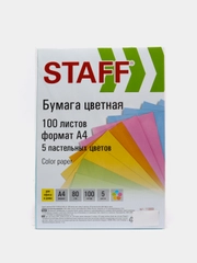 Бумага цветная STAFF Profit А4, 80 г/м2, 100 л. (5 цв. х 20 л.), пастель (110889)