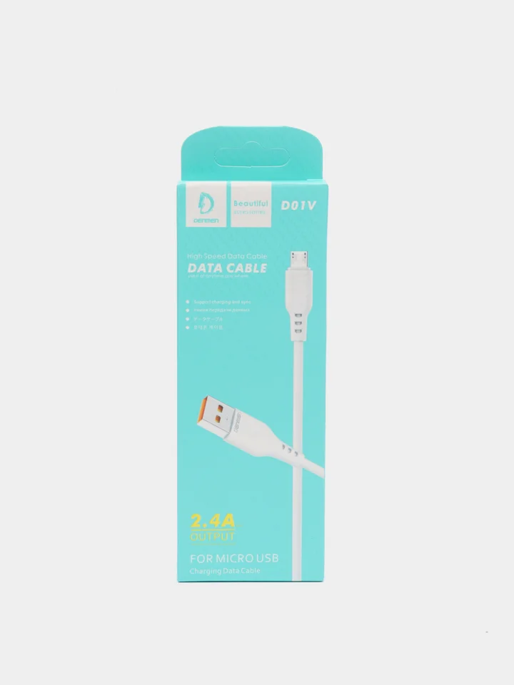 Белый usb кабель зарядный, 1.0м, DENMEN D01 2.4A, TypeC/MicroUSB/Lightning для Android и iPhone