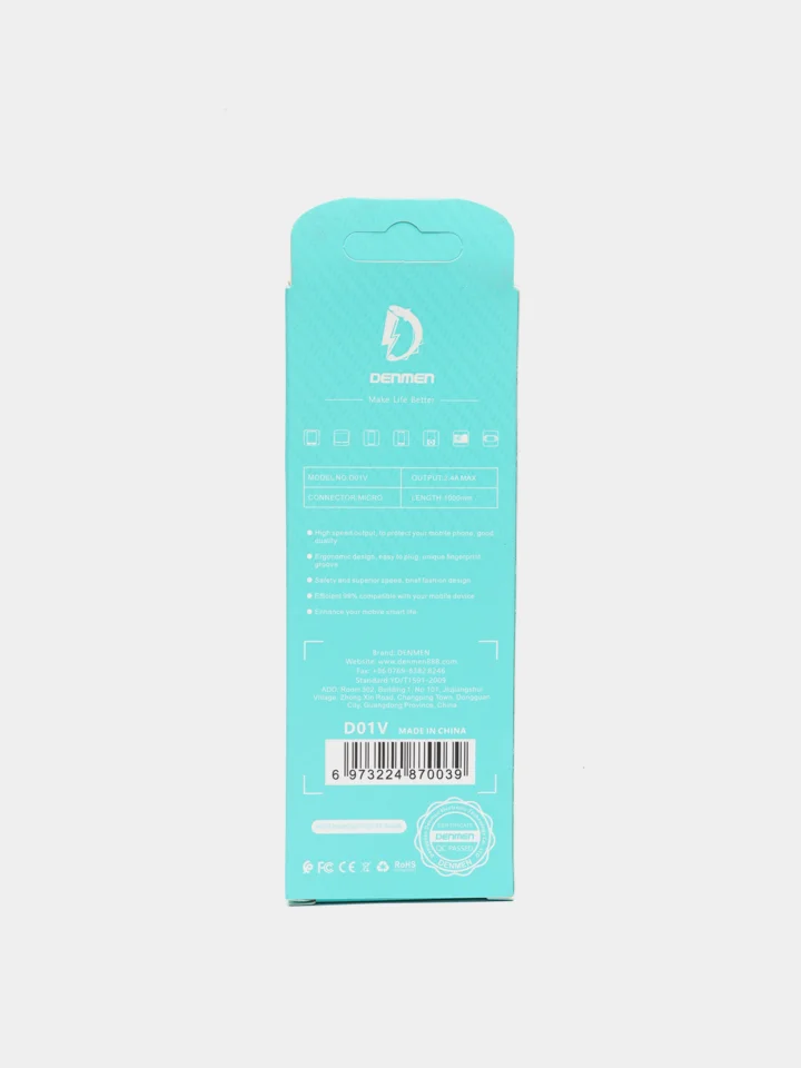 Белый usb кабель зарядный, 1.0м, DENMEN D01 2.4A, TypeC/MicroUSB/Lightning для Android и iPhone