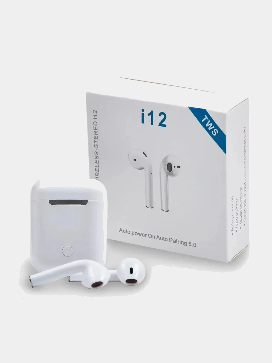 Белый беспроводные Bluetooth наушники i12 с микрофоном для  смартфона / TWS наушники