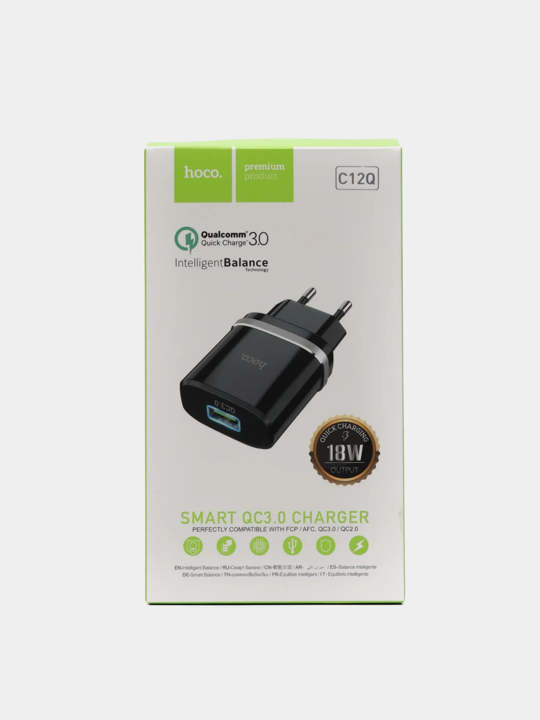 Черный сетевое зарядное устройство 18 W, Блок питания QC 3.0, Быстрая зарядка USB, Hoco C12Q