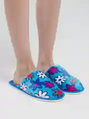 Голубой тапочки домашние женские закртые с цветочками