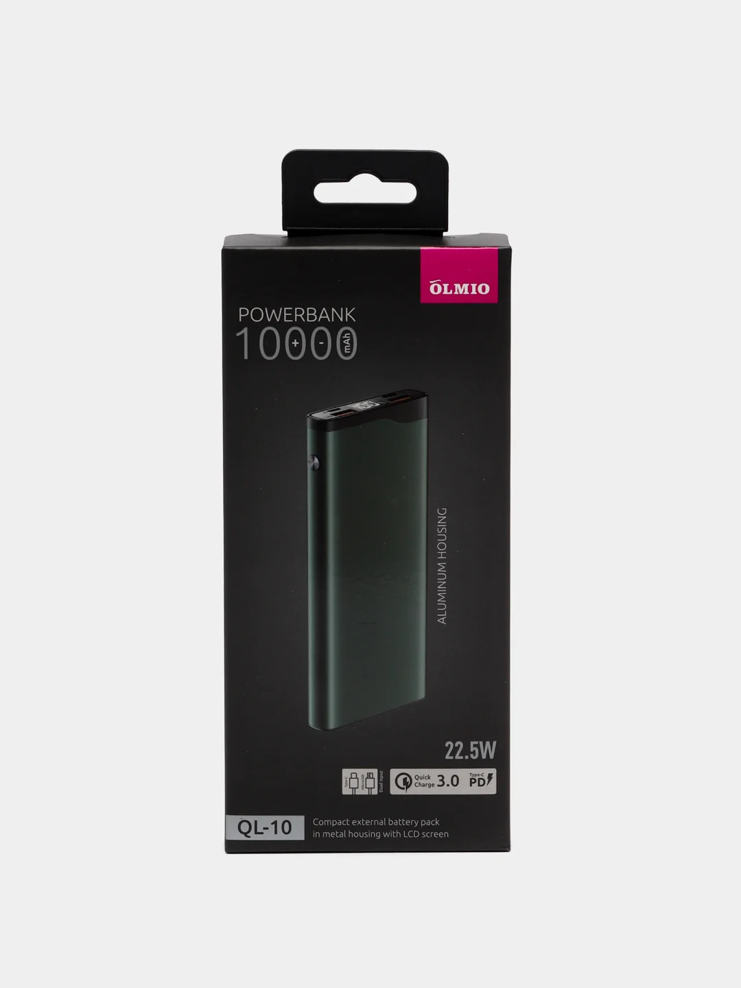 Серый внешний аккумулятор Olmio QL-10, 10000 mAh, 22.5 W, QuickCharge 3.0