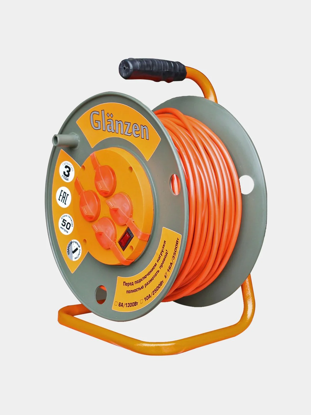 Удлинитель силовой на катушке GLANZEN 4 гн. ПВС 3х1,5 IP44 50 м. EB-50 ...