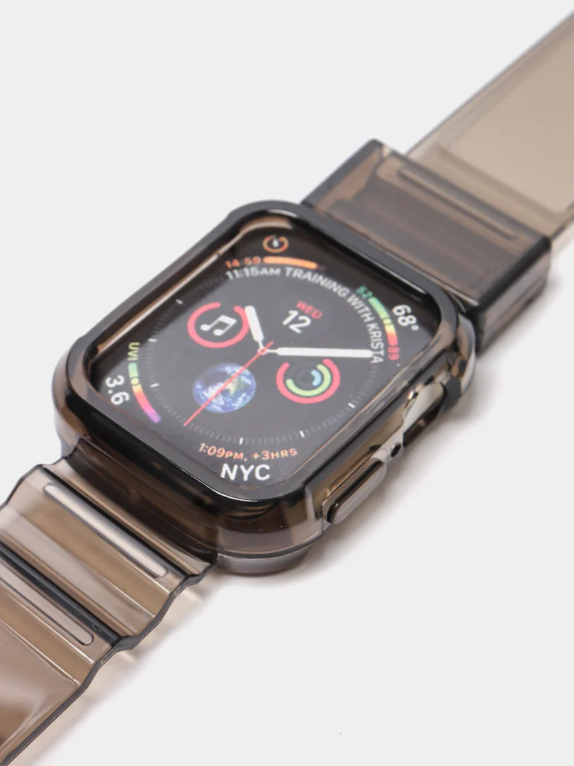 Черный ремешок для Apple Watch 38 / 40 / 41 / 42 / 44 / 45 / 49 мм браслет силиконовый прозрачный