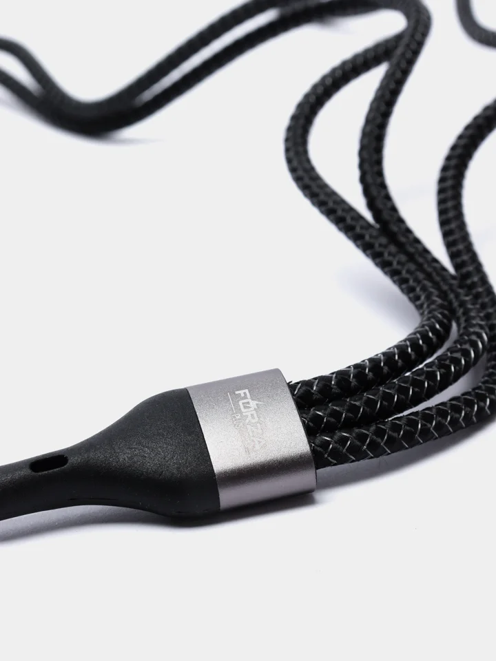 Кабель для зарядки 3 в 1 FORZA, iP/Micro USB/Type-C, 1.5м, 2.1А, тканева оплётка, металлик